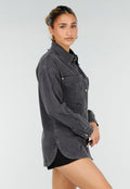 Donkergrijze Denim Blouse met Drukknoopsluiting en Lange Mouwen
