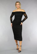 Gedrapeerde Zwarte Bodycon Off Shoulder Mesh Jurk