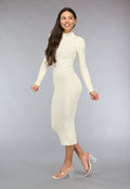 Crème Rib Bodycon Midi Jurk met Lange Mouwen