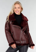 Bordeaux Rode Imitatie Leren Biker Jas met Faux Fur