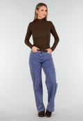 Bruine Zachte Stretch Top met Lange Mouwen en Col
