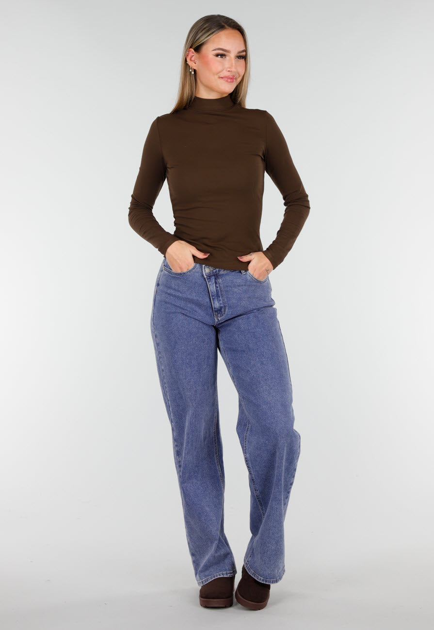 Bruine Zachte Stretch Top met Lange Mouwen en Col