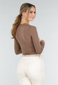 Bruine Asymmetrische Stretch Top met Lange Mouwen en Rimpeldetail