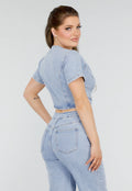 Redial Jeans  Petite Denim Jumpsuit met Cut-outs, Korte Mouwen  en Knopen