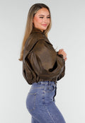 Bruin Oversized Faux Leather Jasje met Pofmouwen