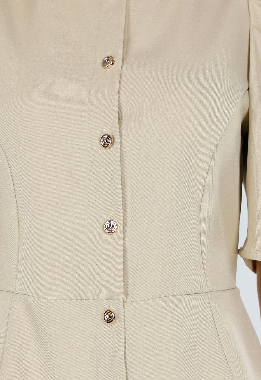 Beige Top met Pofmouwen en Knopen