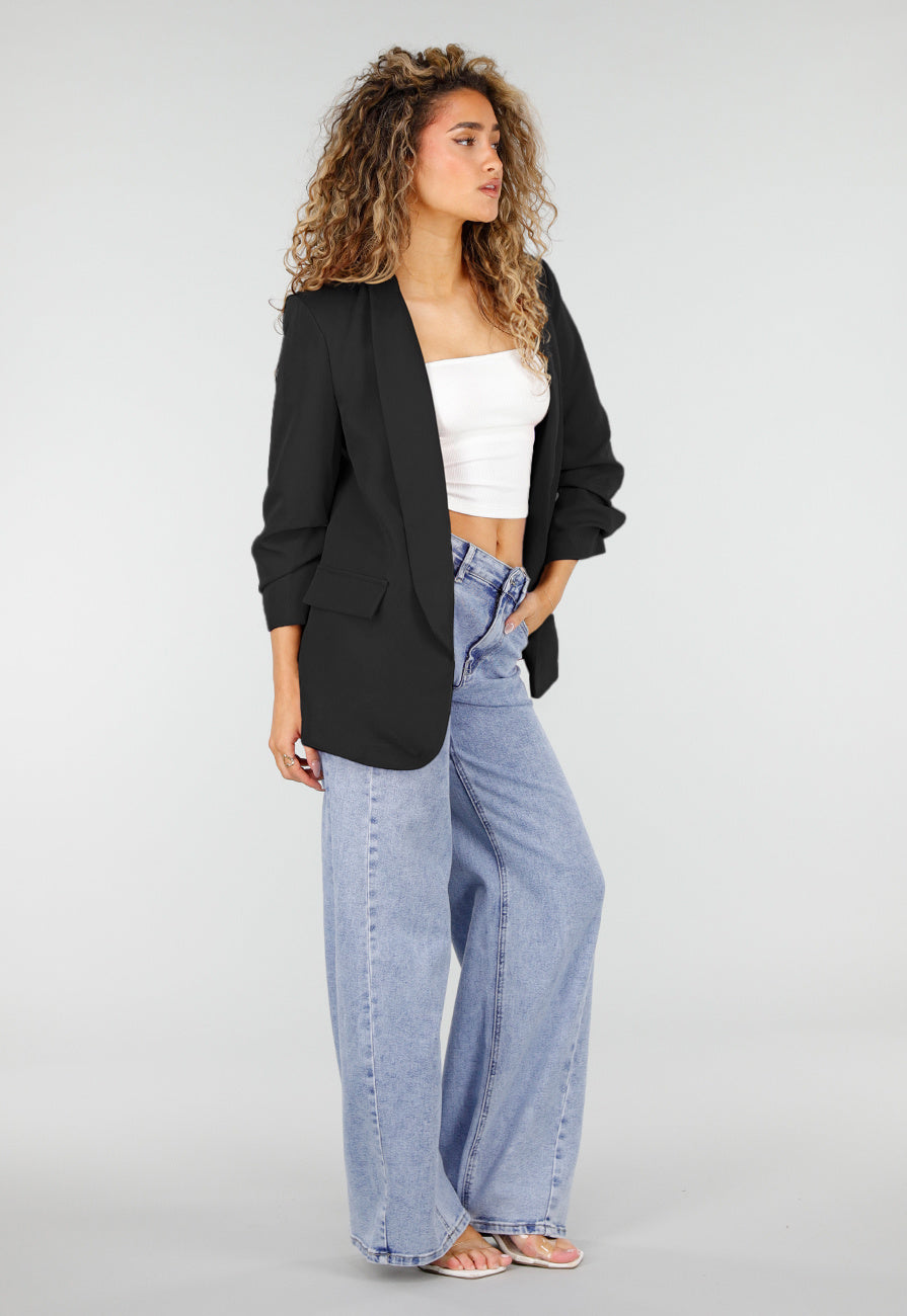 Zwarte Blazer met Geplooide Driekwart Mouwen