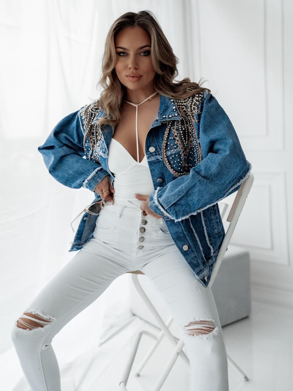 Blauwe Denim Spijkerjas met Western Print