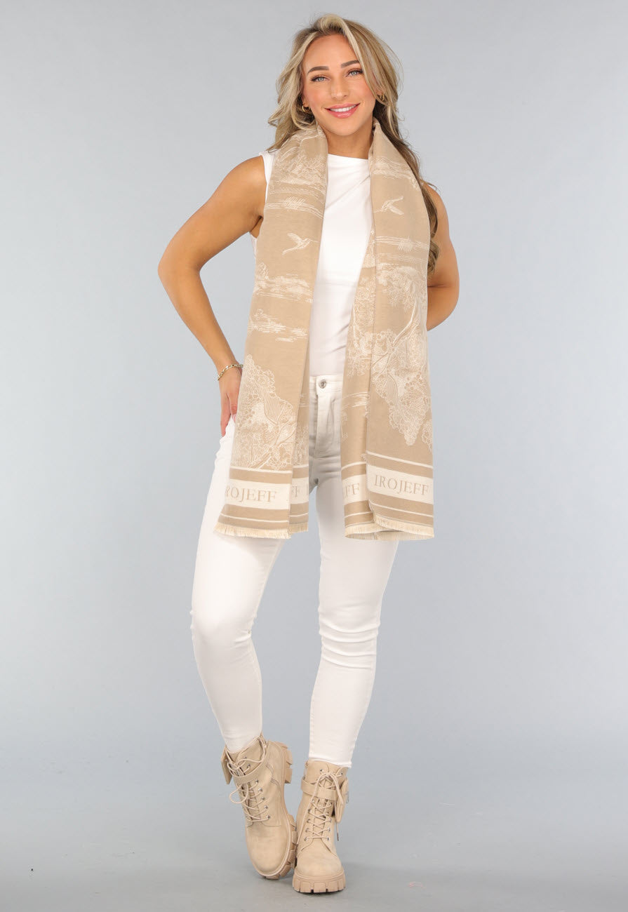 Beige Omslag Sjaal met Print