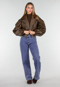 Bruin Oversized Faux Leather Jasje met Pofmouwen