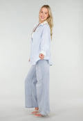 Lichtblauwe Gestreepte Blouse met Strass Steentjes en Lange Mouwen