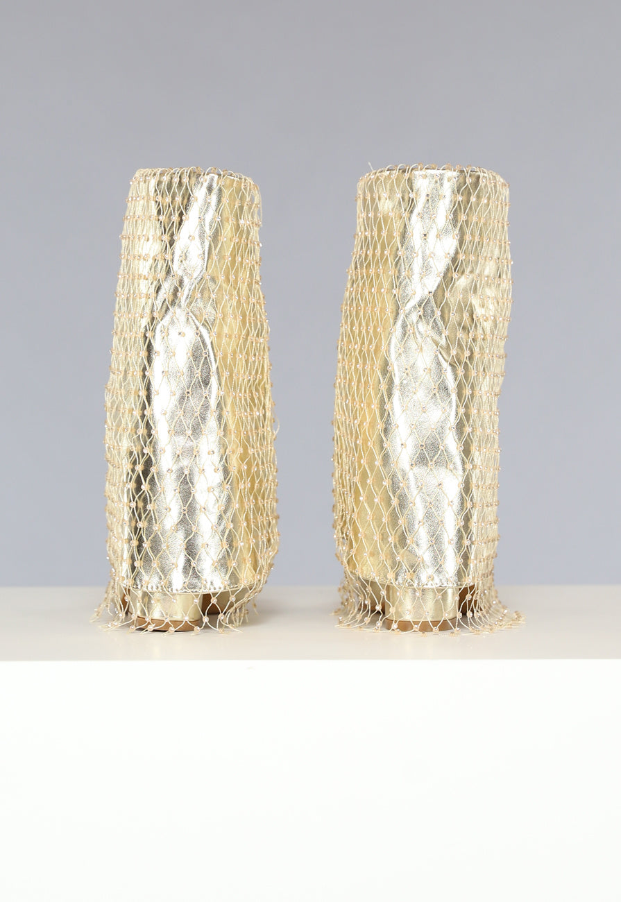 Gouden Overslag Boots met Fishnet Strass
