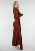 Bruine Asymmetrische Maxi Jurk met Cut Out en Draping