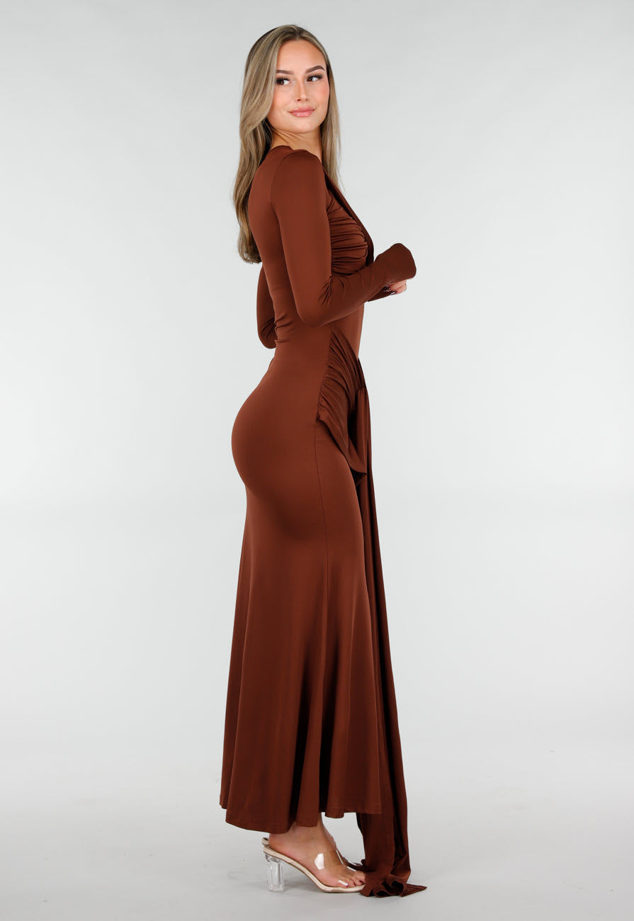 Bruine Asymmetrische Maxi Jurk met Cut Out en Draping