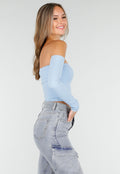 Blauwe Off Shoulder Top met Lange Mouwen en Stretchstof