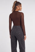 Bruine Mesh Body met Lange Mouwen en Gedrapeerde Hoge Hals