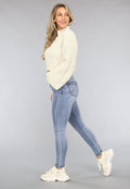 Beige Korte Gebreide Trui met Wijduitlopende Mouwen