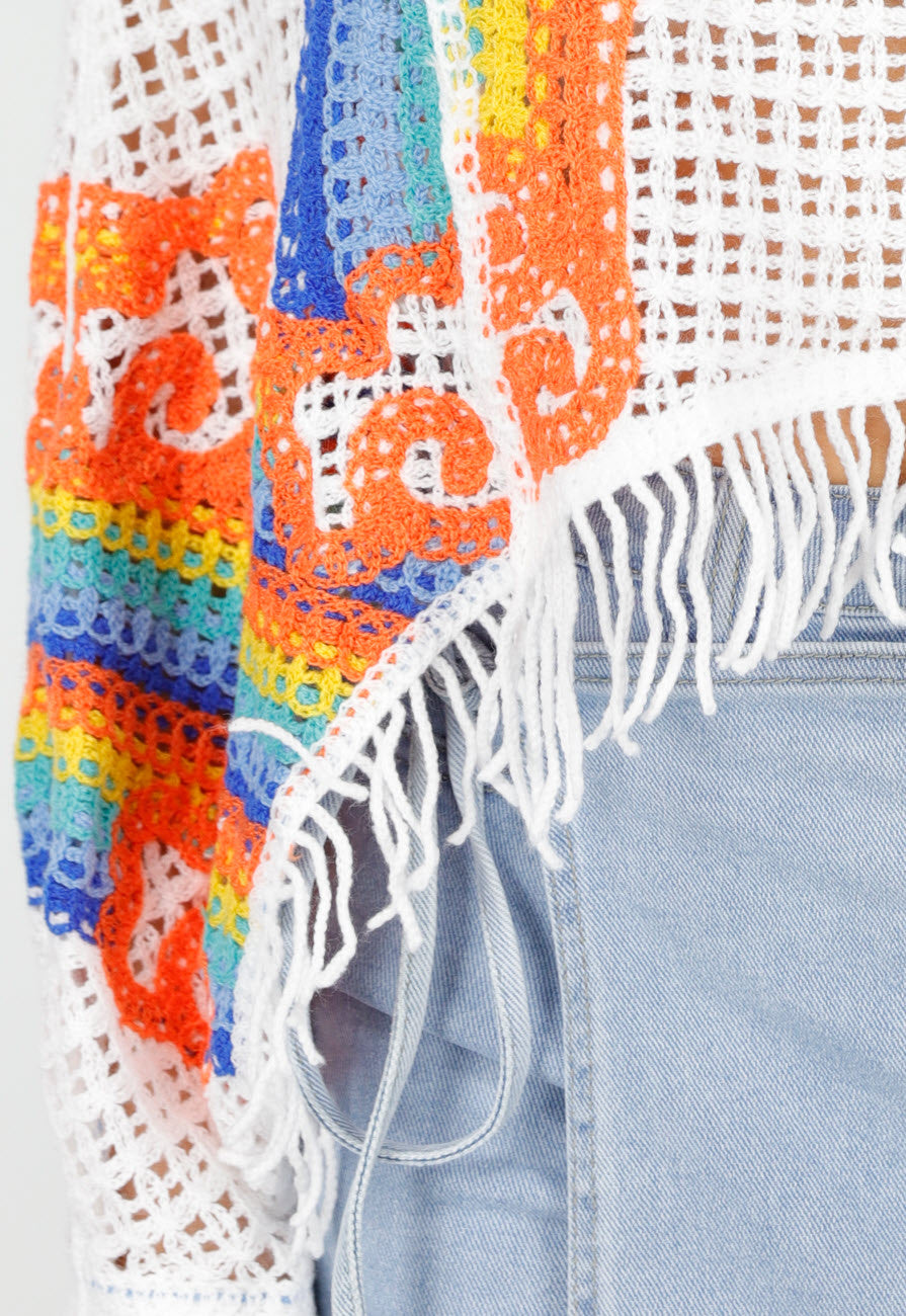 Witte Gehaakte Trui met Regenboog Print en Franjes