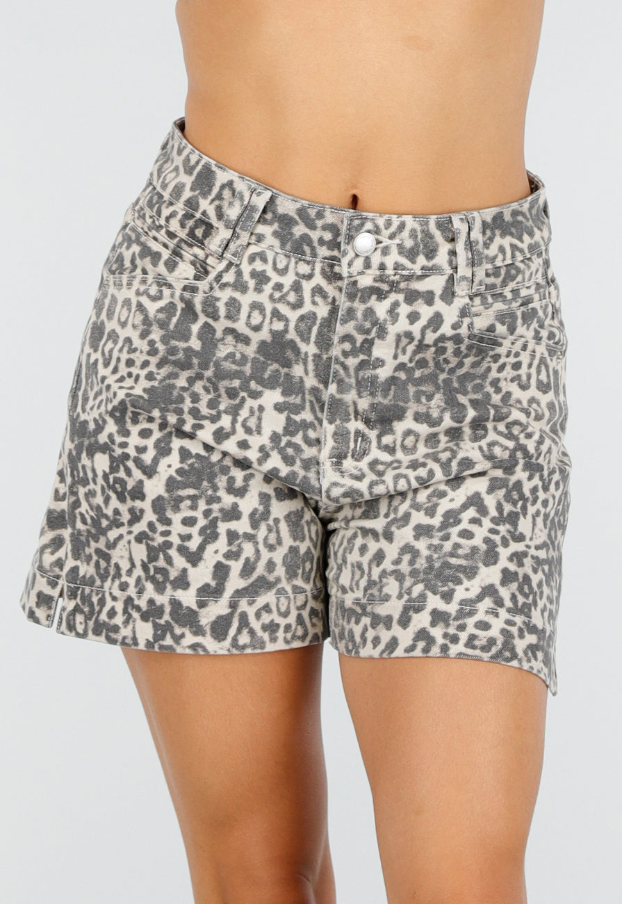 Beige Bruine Leopard Print Shorts met Rechte Pijpen