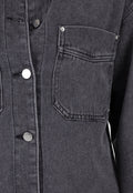Donkergrijze Denim Blouse met Drukknoopsluiting en Lange Mouwen