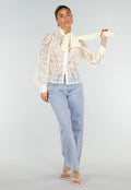 Lichtgele Transparante Kanten Blouse met Strikkraag en Lange Mouwen