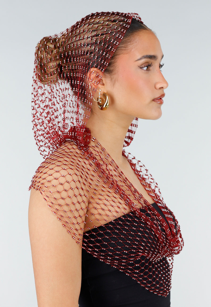 Rode Fishnet Top met Capuchon en Strass Steentjes