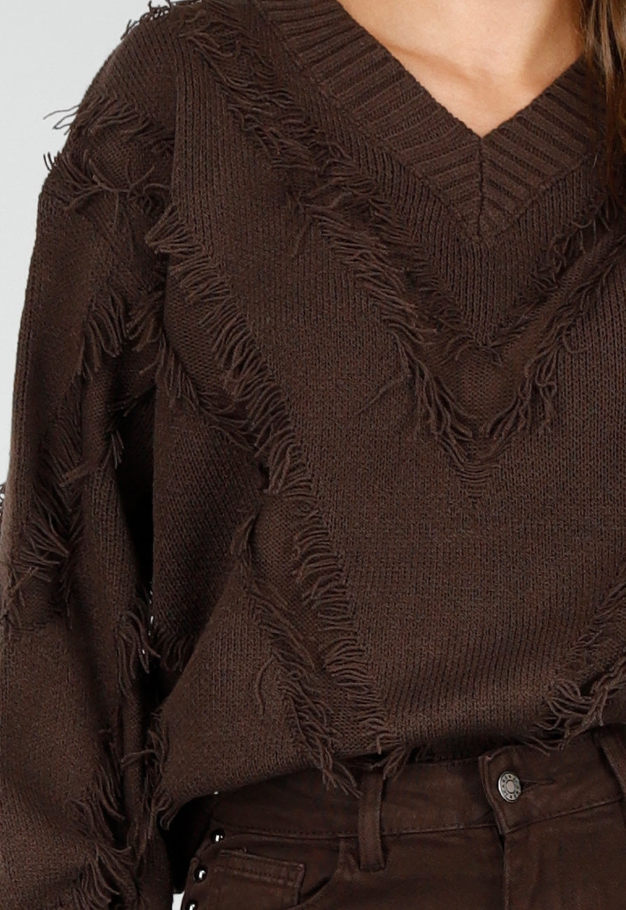 Bruine Trui met V-Hals en Rafel Details