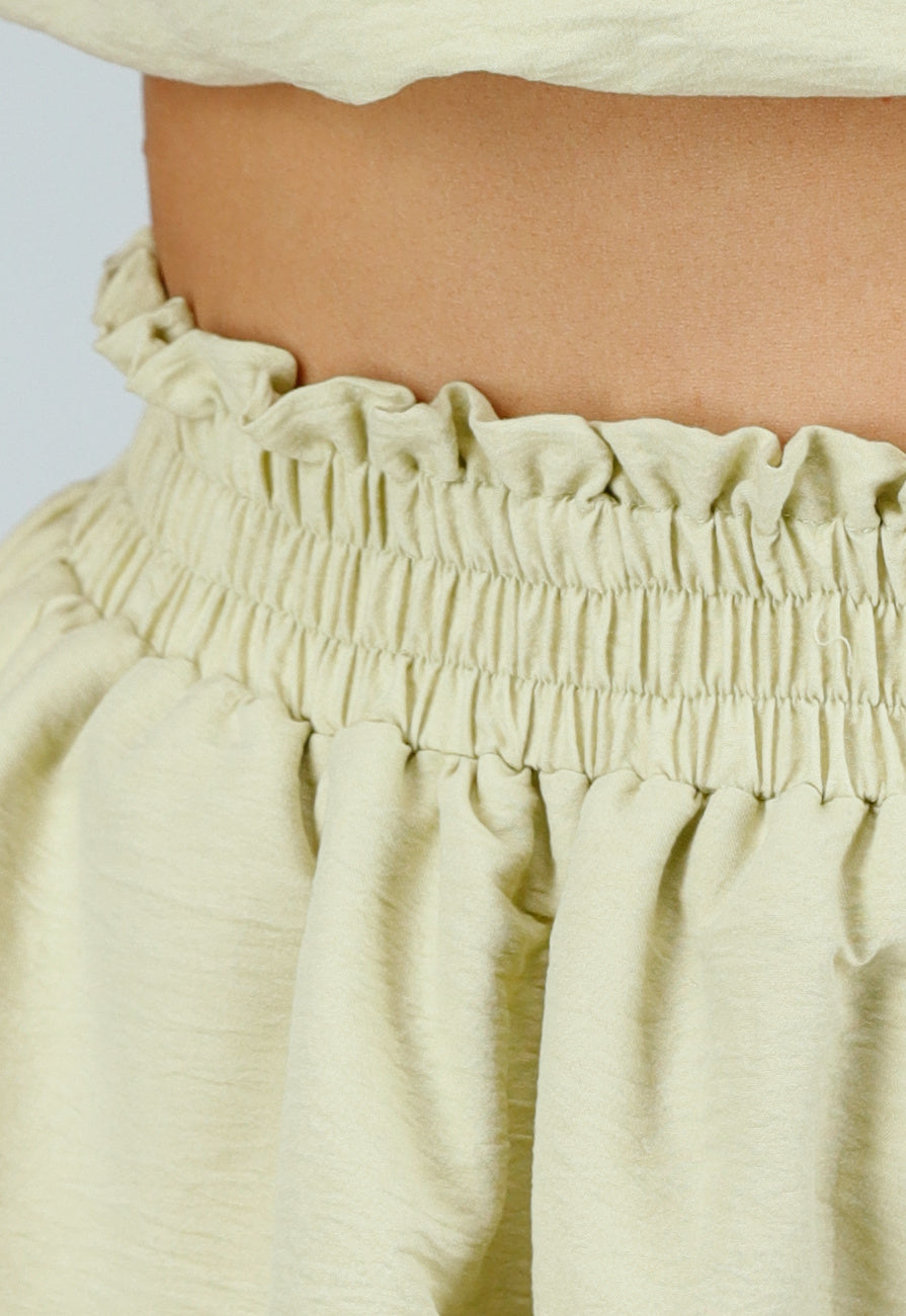 Groene Two Piece Set met Pof Detail, Strik Detail en Stretch