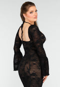 Elegante Zwarte Jurk met Fishtail Effect van Kant met Uitlopende Mouwen