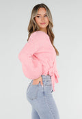 Roze Fijngebreid Overslag Vest met Strikdetail en Ballonmouwen