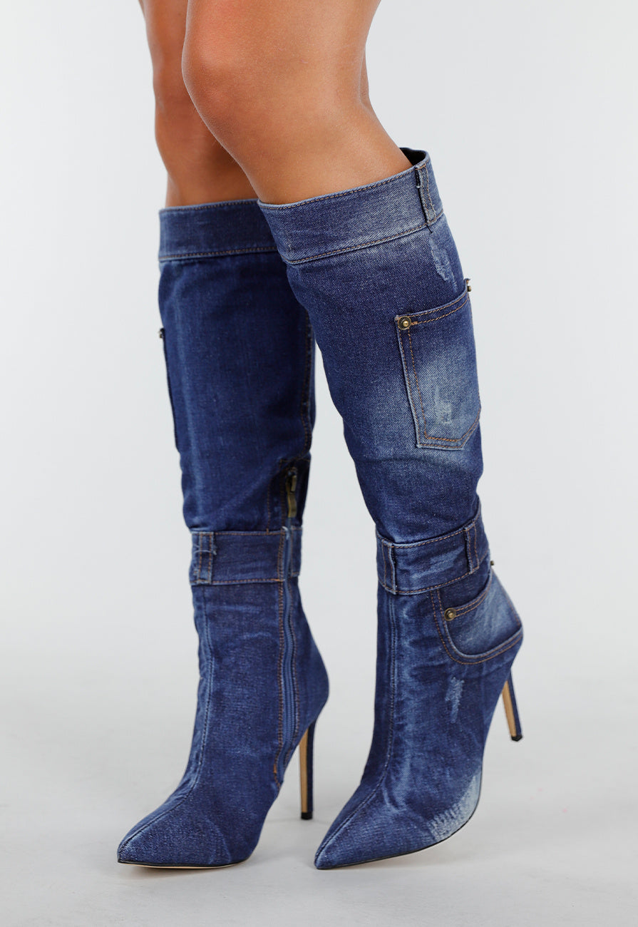 Denim Look Knielaarzen met Stiletto Hak