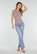 Taupe Basic T-Shirt met Korte Mouwen en Ronde Hals