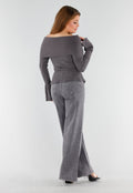 Grijze Off Shoulder Gebreide Trui met Uitlopende Mouwen