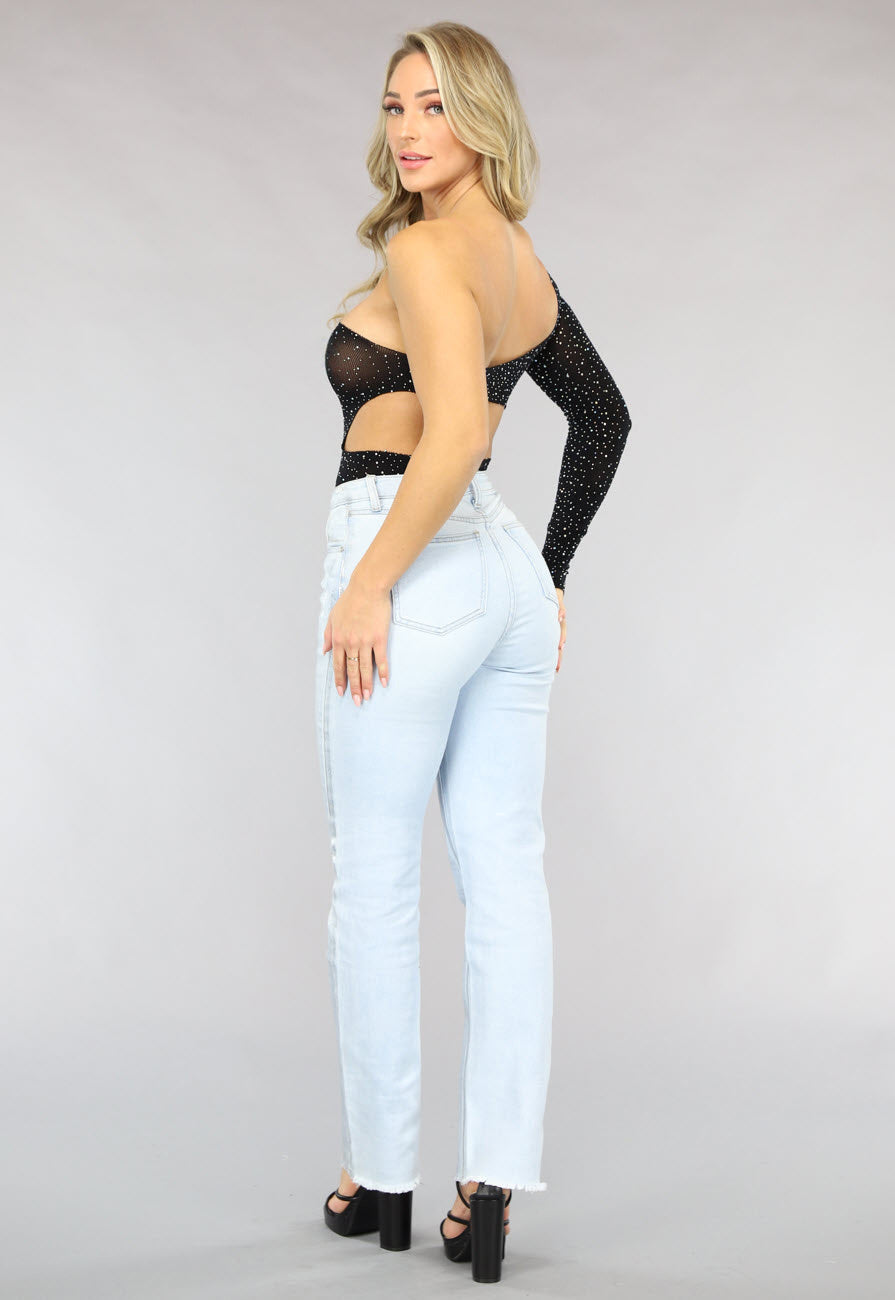 Zwarte One Shoulder Fishnet Body met Cut Out