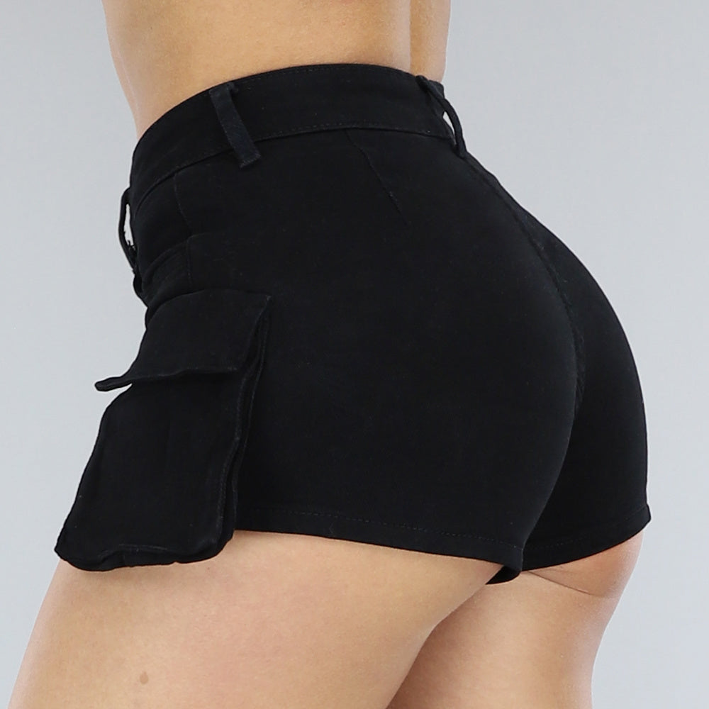 Zwarte Denim Cargo Short met Riempje