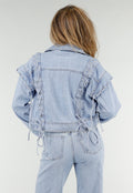 Lichtblauw Denim Jasje met Veterdetails en Ruffle Schouders