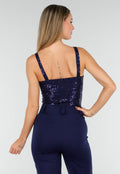 Navy Sequin Bodysuit met Diepe V-Hals en Pailletten