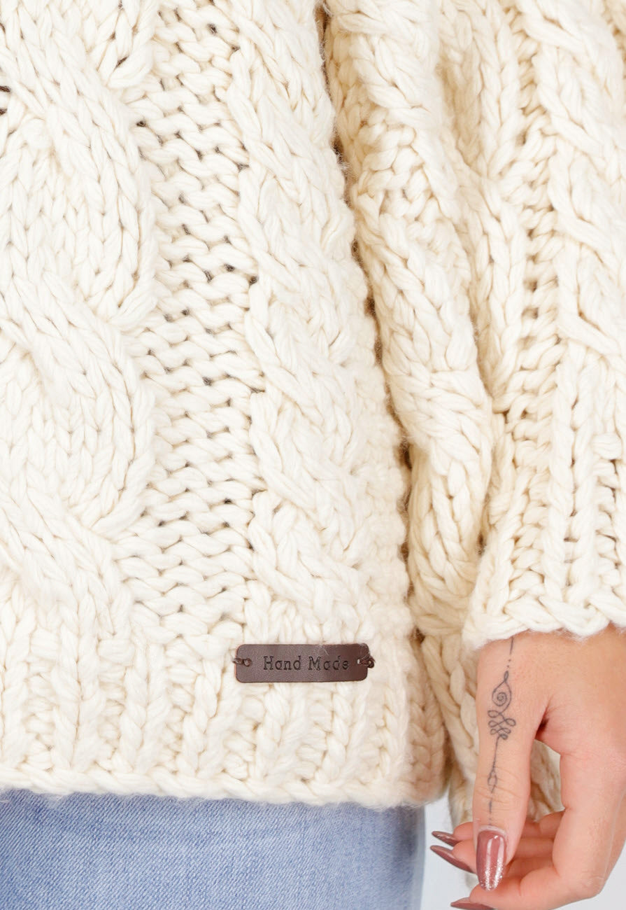 Cream Oversized Grofgebreide Kabeltrui met Lange Mouwen