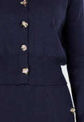 Donkerblauwe Knitted Set met Knopen en Split in de Rok