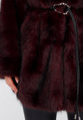 Bordeauxrode Faux Fur Jas met Ceintuur en Brede Kraag