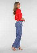 Blauwe Wide Leg Jeans met Elastische Taille en Strikkoord