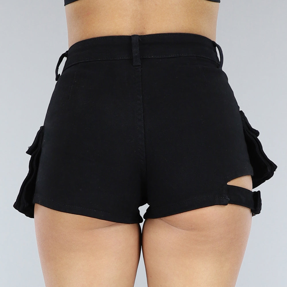 Zwarte Denim Cargo Short met Riempje