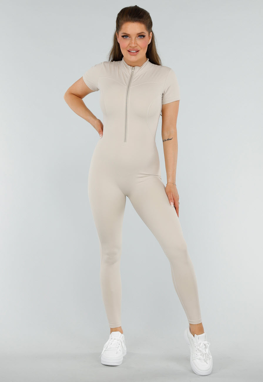 Beige Sport Jumpsuit met Korte Mouwen en Rits