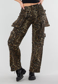 Leopard Print Denim Cargo Broek met Stretch en Zakken