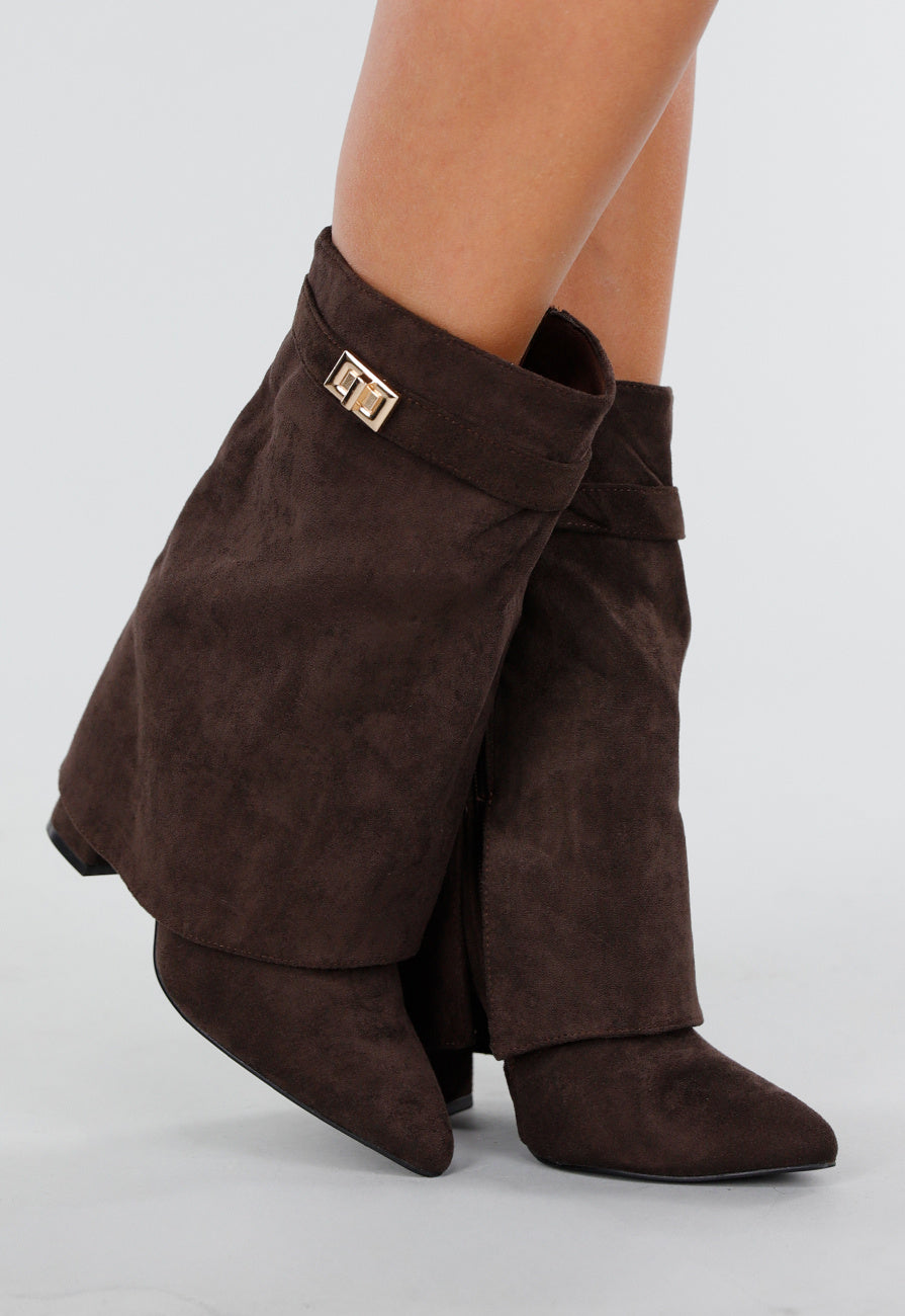 Bruine Suède Look Enkellaarzen met Omslag en Gesp