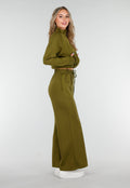 Olijfgroene Cropped Lounge Trui met Halve Rits en Hoge Kraag