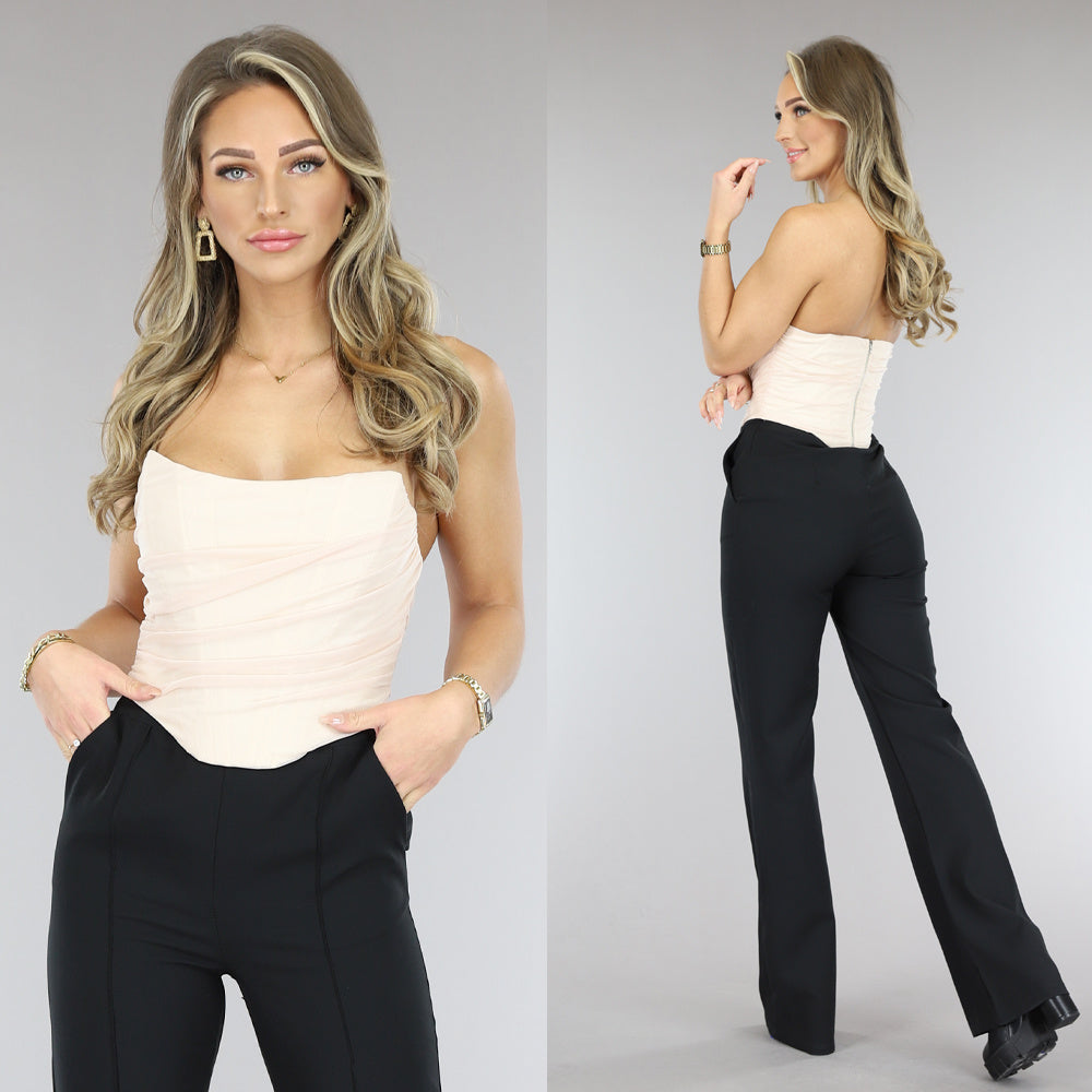 Beige Mesh Korset Top  met Gedrapeerd Detail