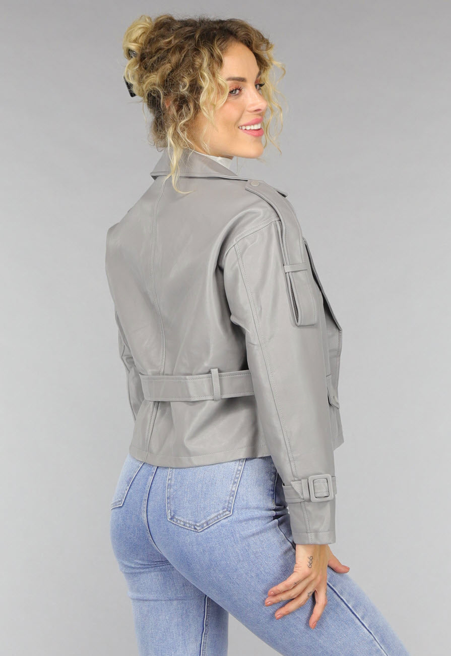 Lederlook Biker Jasje in Grijs