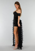 Zwarte Stretch Playsuit met Zwarte Strass Steentjes en Tule Rok