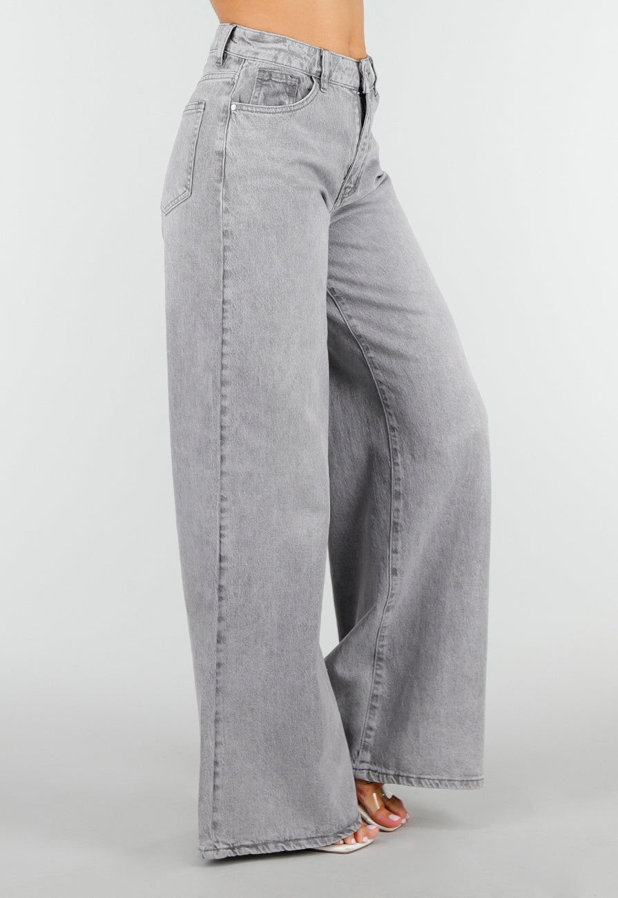 Grijze Extra Wide Leg Jeans met Hoge Taille en Rechte Pijpen